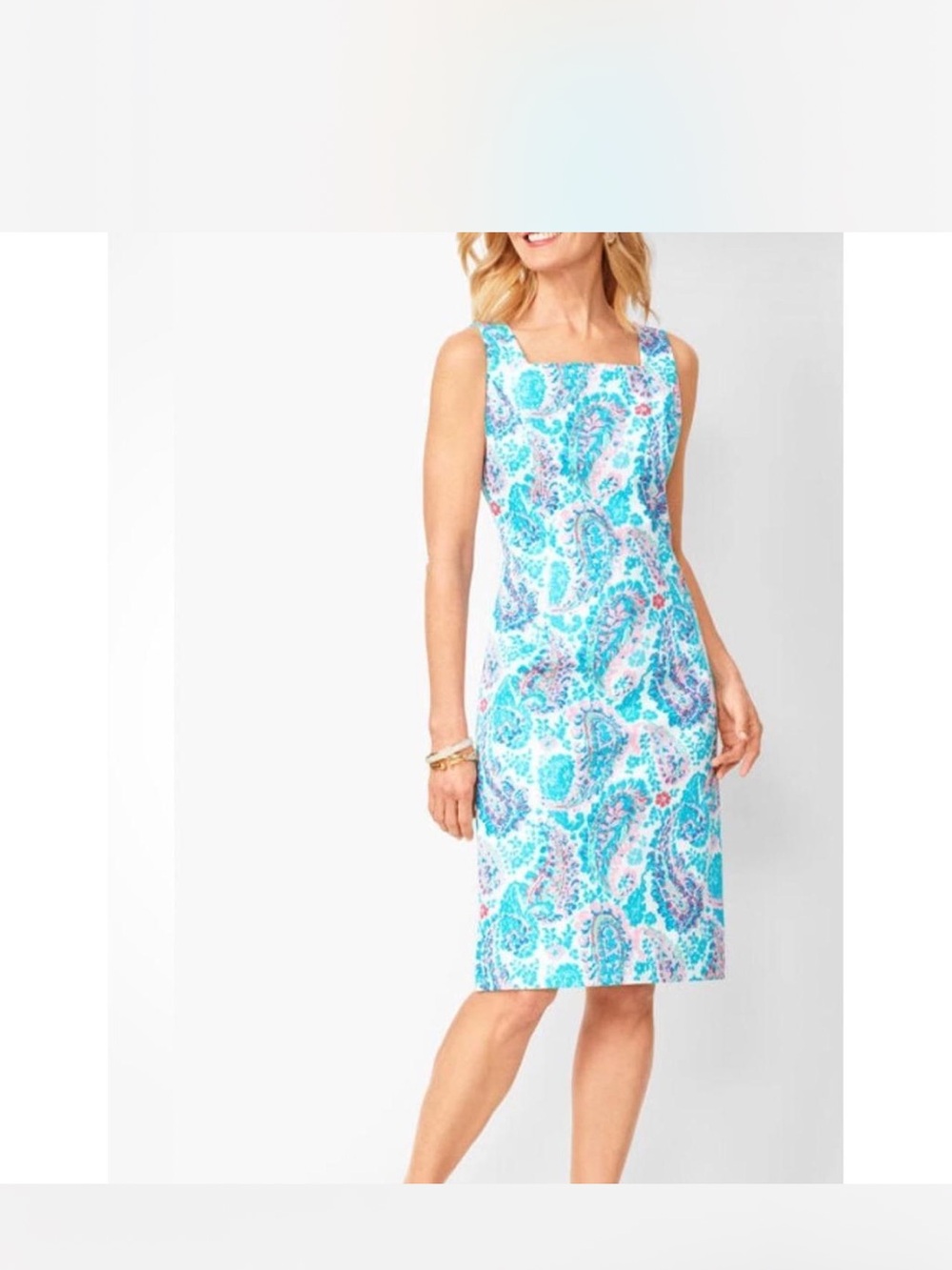 Talbots Petite 6P Paisley Sheath Dress Aqua Pink Sleeveless Cotton Blend